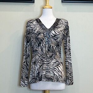 Tribal Black and White Sequined Animal Print Long Sleeve Top